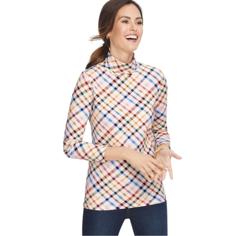 Talbots Petite PS Mock Neck Long Sleeve Cotton‎ Stretch Plaid Top Multicolor